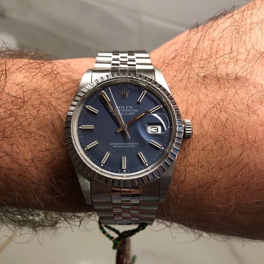 1984 Rolex Datejust 16030 Steel Blue Engine Turned Automatic Wristwatch