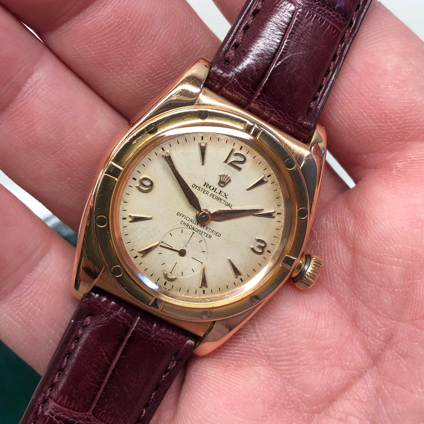 1940s Rolex Oyster Perpetual Bubbleback 3458 Chronometer 18K Rose Gold Automatic Wristwatch - HASHTAGWATCHCO