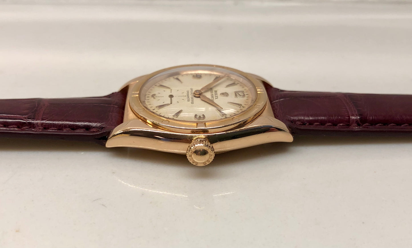 1940s Rolex Oyster Perpetual Bubbleback 3458 Chronometer 18K Rose Gold Automatic Wristwatch - HASHTAGWATCHCO