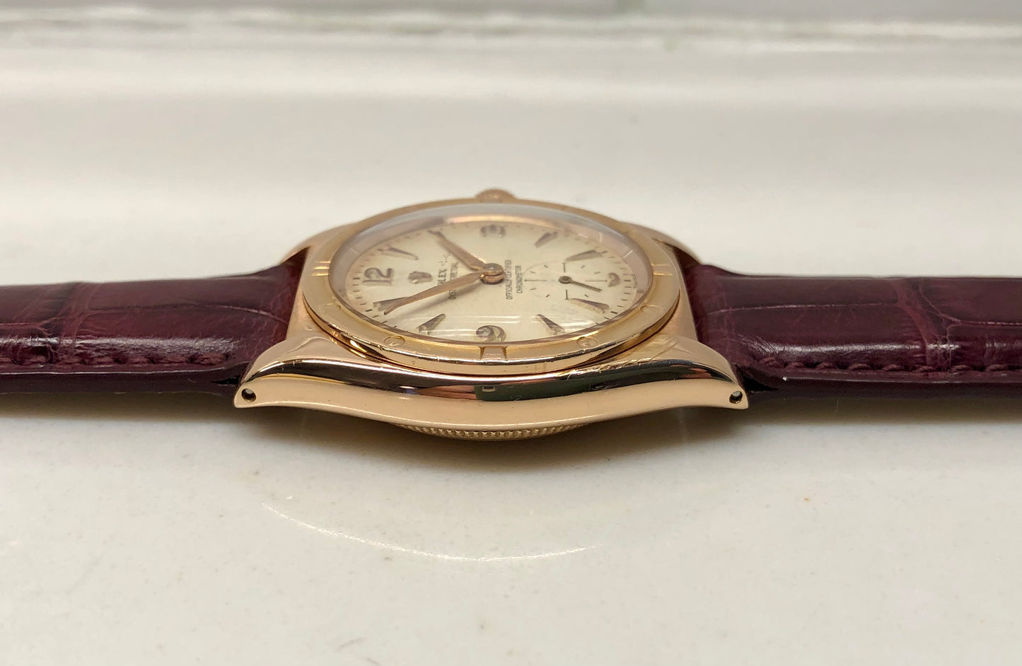 1940s Rolex Oyster Perpetual Bubbleback 3458 Chronometer 18K Rose Gold Automatic Wristwatch - HASHTAGWATCHCO