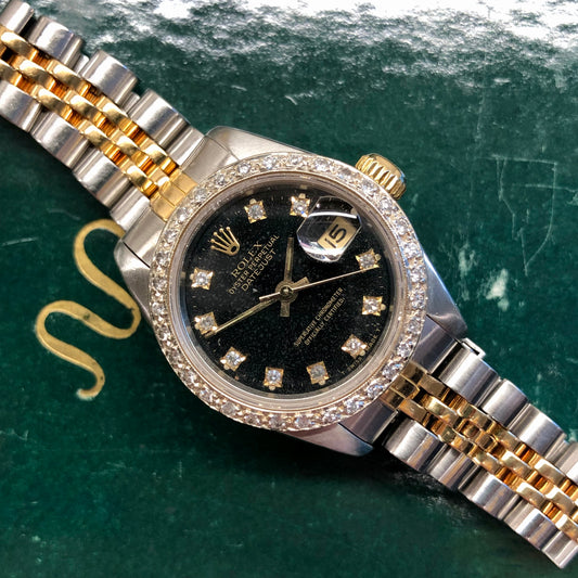 1987 Rolex Ladies Datejust 69163 Black Diamond Two Tone Jubilee Diamond Bezel Wristwatch - HASHTAGWATCHCO