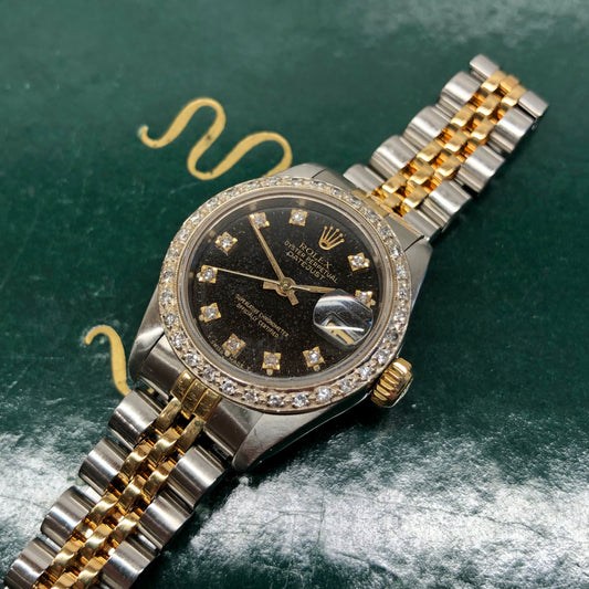 1987 Rolex Ladies Datejust 69163 Black Diamond Two Tone Jubilee Diamond Bezel Wristwatch - HASHTAGWATCHCO