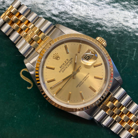1990 Rolex Datejust 16233 Two Tone Champagne Stick Jubilee Wristwatch