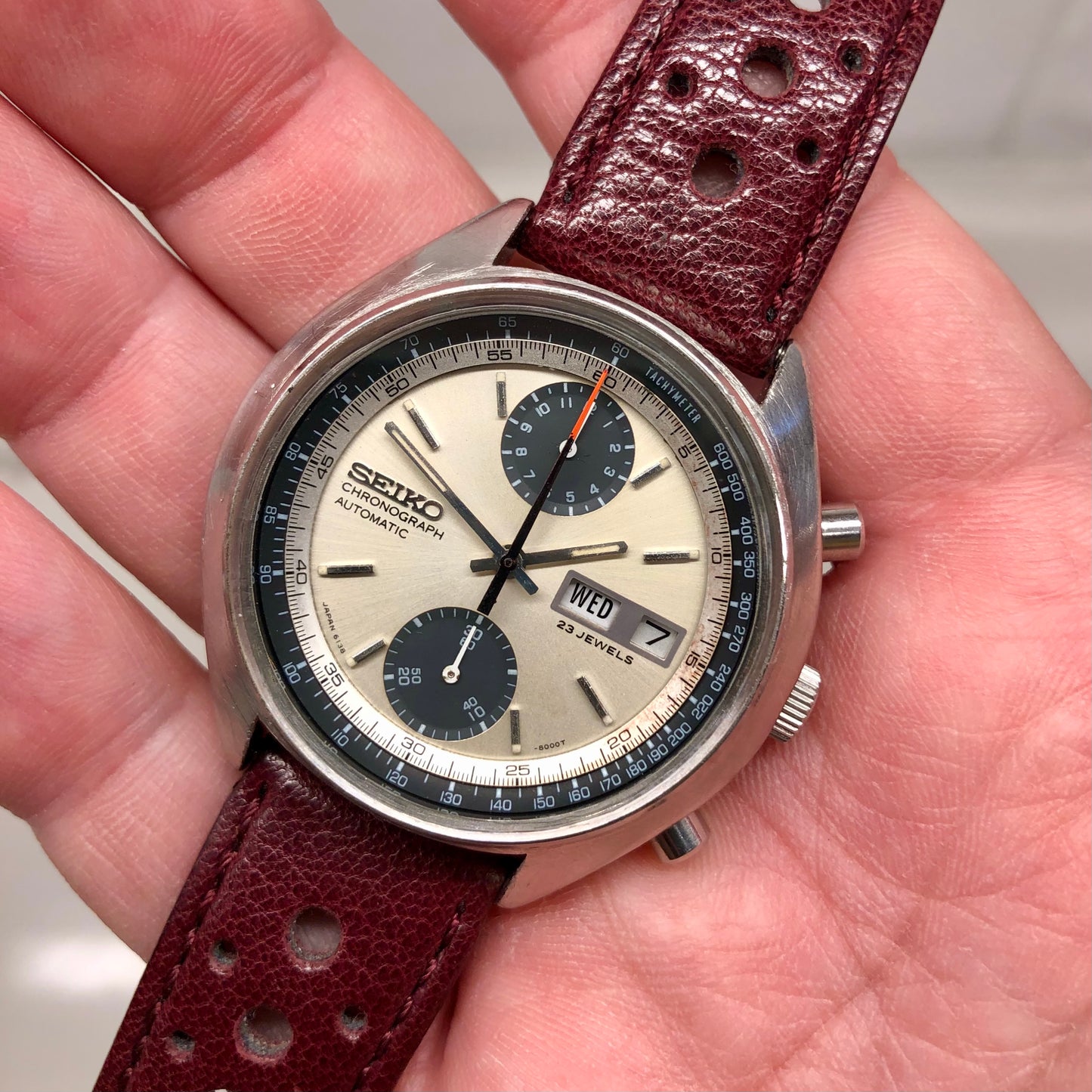 1971 Seiko 6138-8000 Baby Panda Chronograph Day Date Steel Automatic Wristwatch - HASHTAGWATCHCO