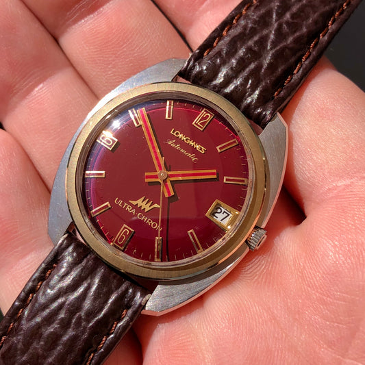 1960s Longines Ultra-Chron Burgundy Oxblood Caliber 431 Hi-Beat Automatic Two Tone Wristwatch - HASHTAGWATCHCO