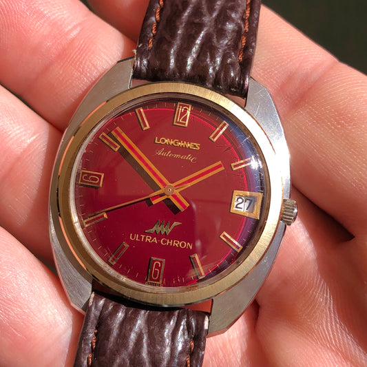 1960s Longines Ultra-Chron Burgundy Oxblood Caliber 431 Hi-Beat Automatic Two Tone Wristwatch - HASHTAGWATCHCO