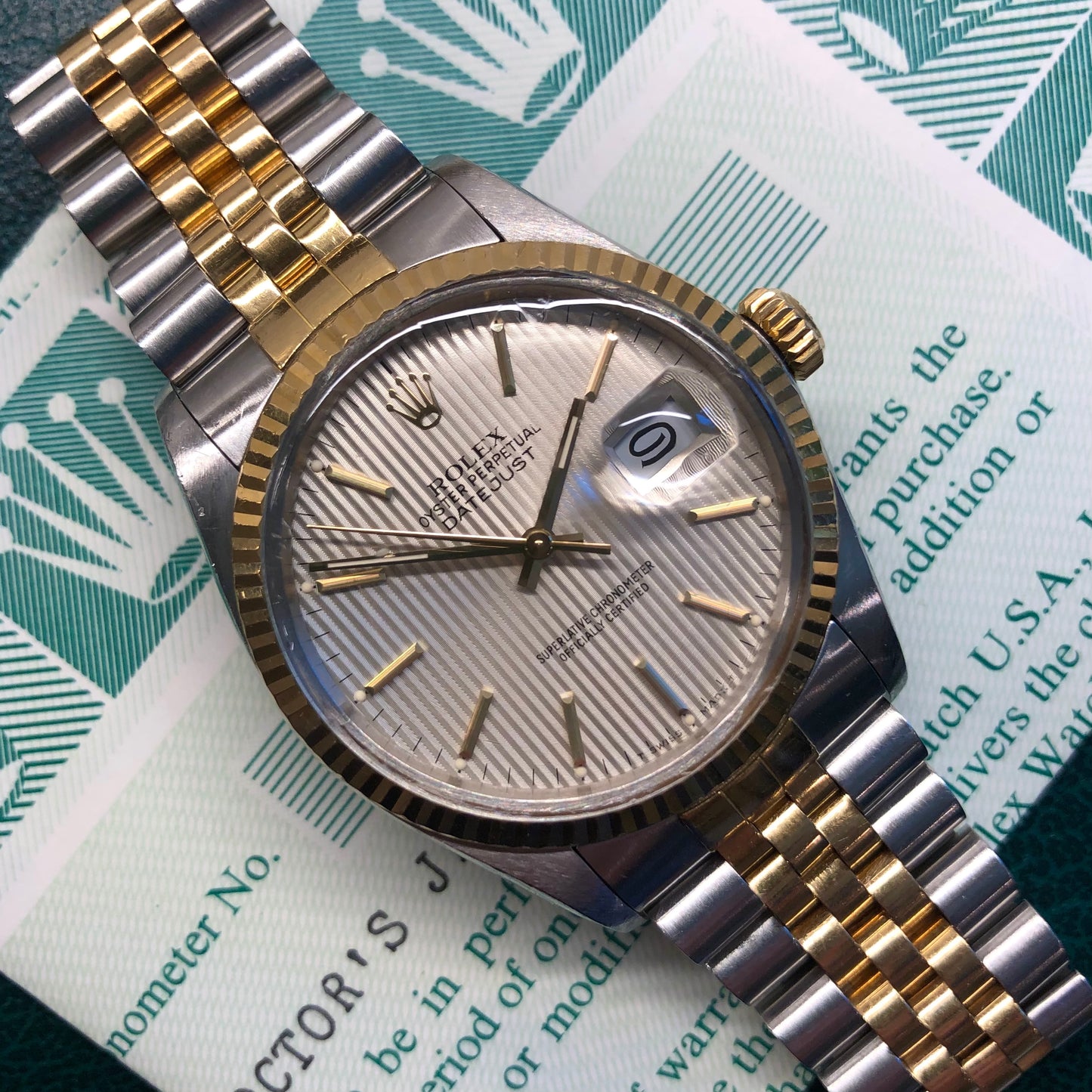 1986 Rolex Datejust 16013 Silver Tapestry Two Tone Jubilee Wristwatch with Box and Papers - Hashtag Watch Company