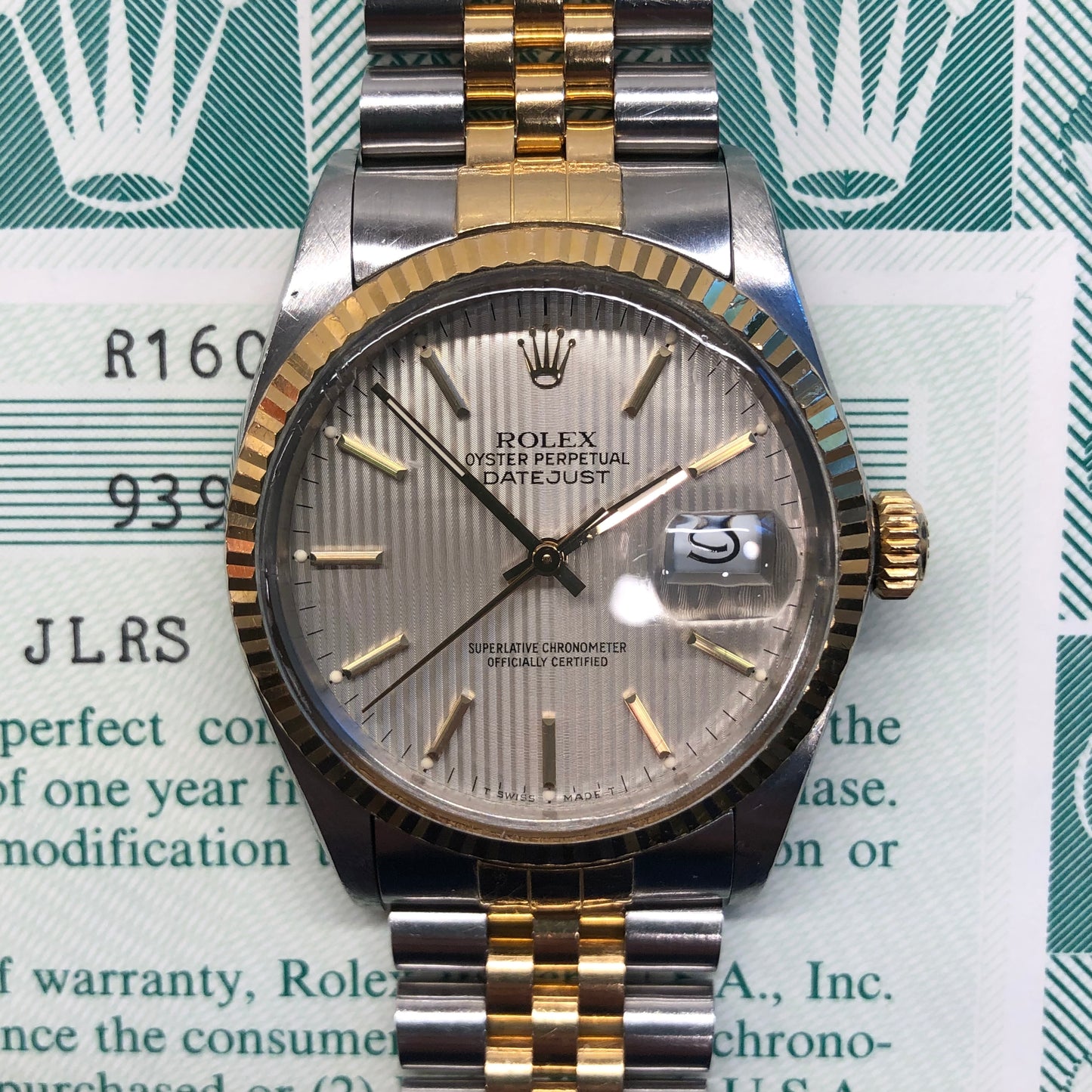 1986 Rolex Datejust 16013 Silver Tapestry Two Tone Jubilee Wristwatch with Box and Papers - Hashtag Watch Company