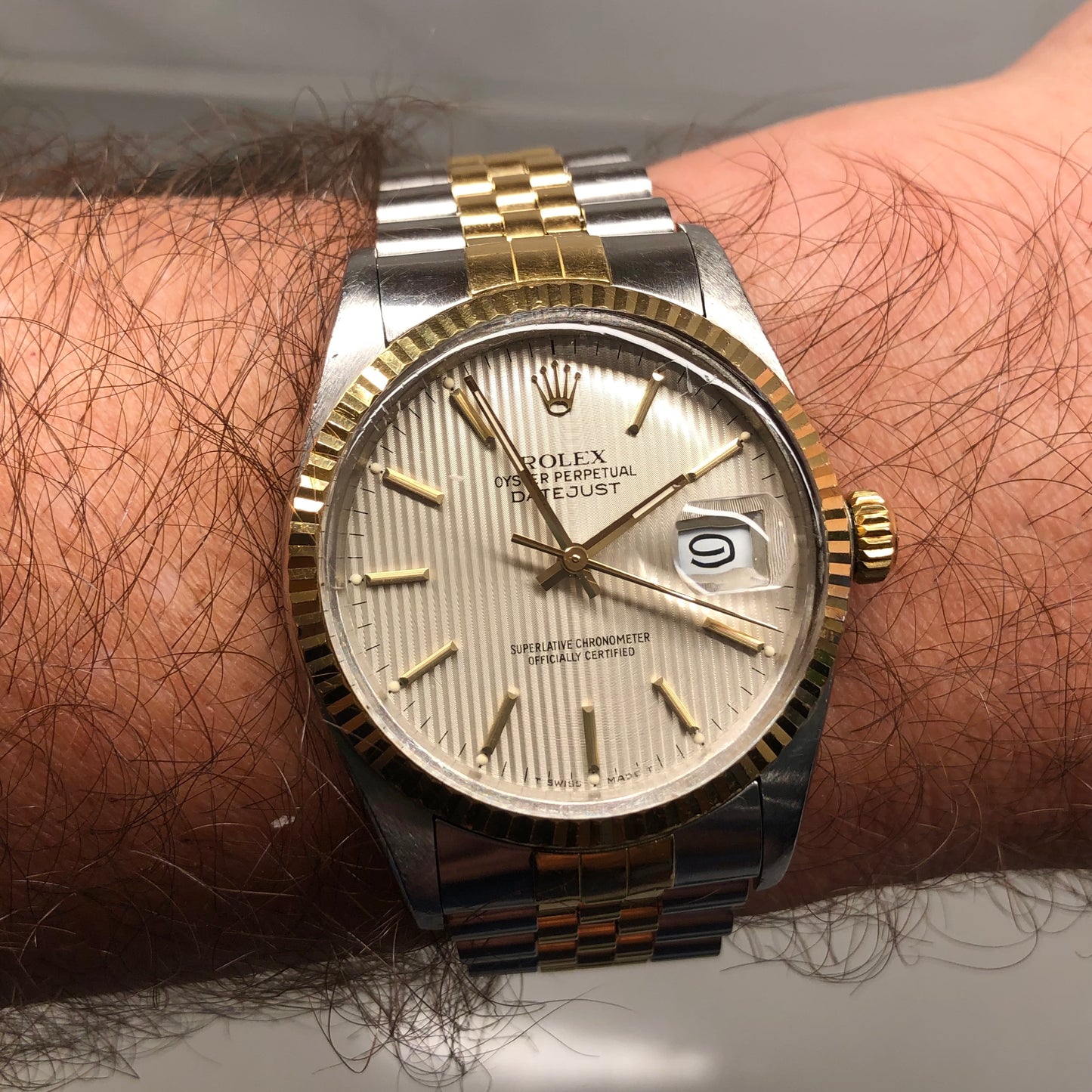 1986 Rolex Datejust 16013 Silver Tapestry Two Tone Jubilee Wristwatch with Box and Papers - Hashtag Watch Company