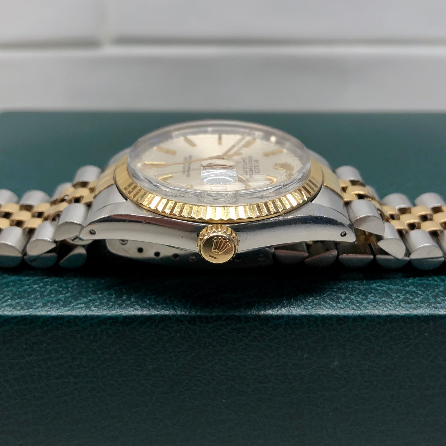 1986 Rolex Datejust 16013 Silver Tapestry Two Tone Jubilee Wristwatch with Box and Papers - Hashtag Watch Company