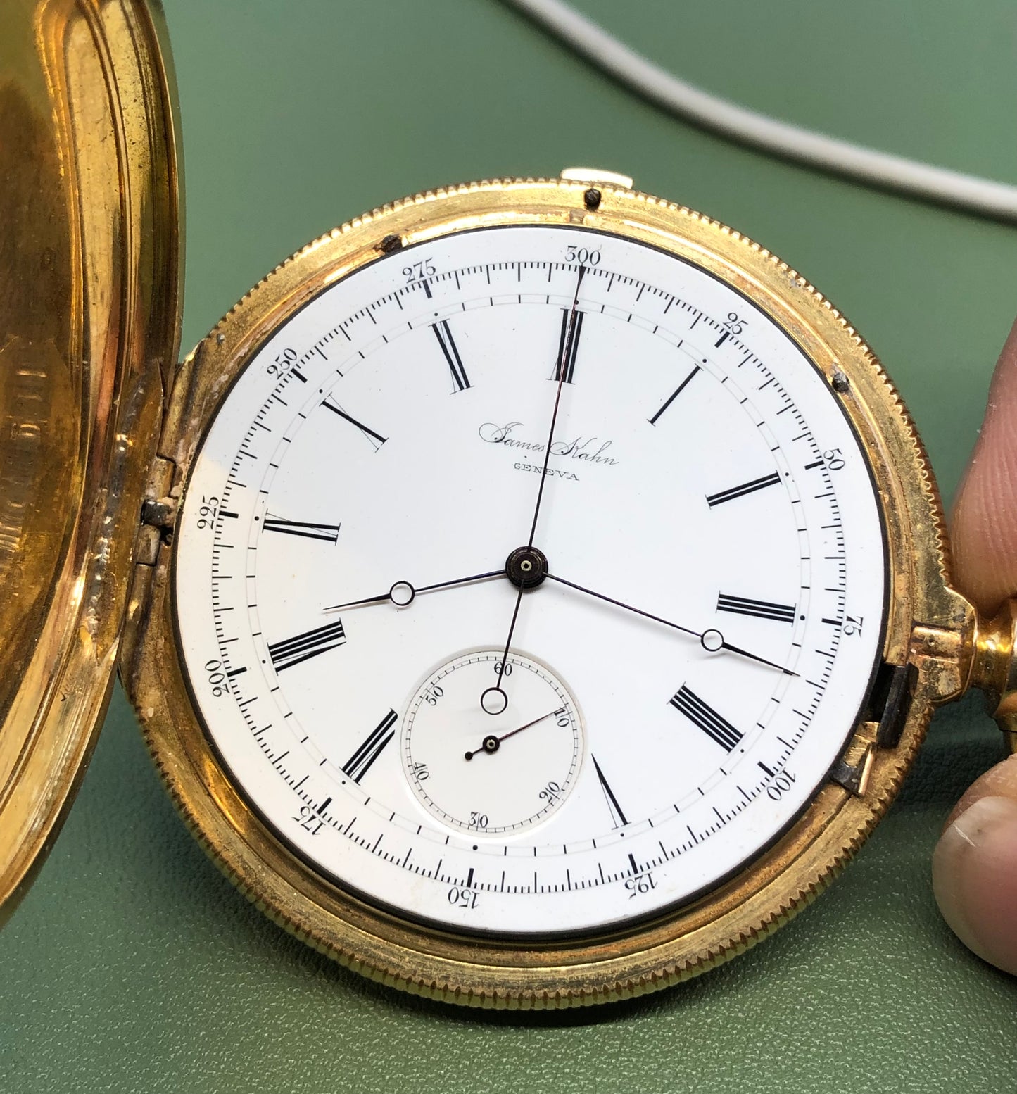 1918 James Kahn Geneva 18K Yellow Gold Chronograph White Porcelain Hunter Case Pocket Watch - HASHTAGWATCHCO