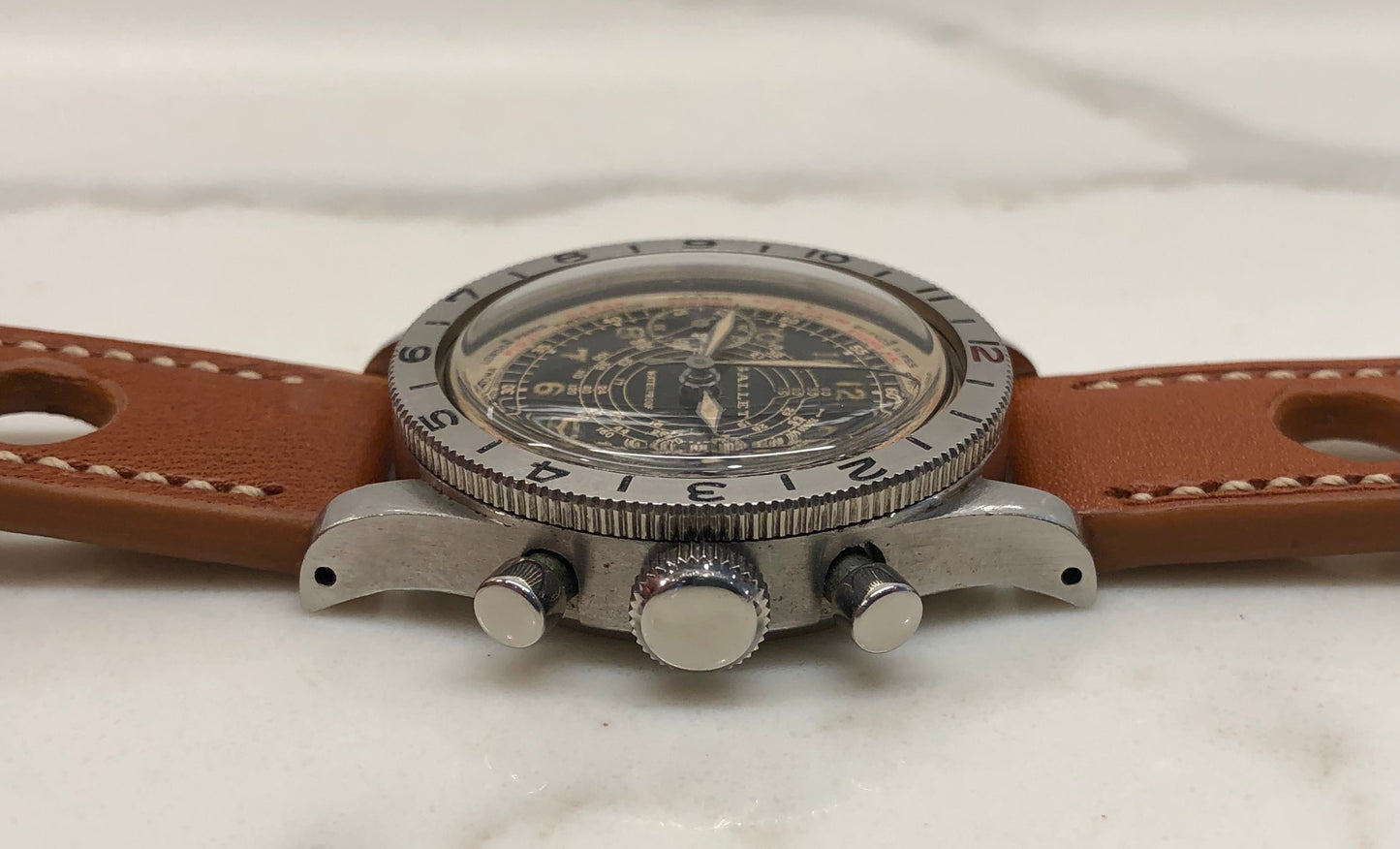 1940s Gallet Flying Officer Truman Black Dial Steel Clamshell Chronograph Valjoux 150 Wristwatch - HASHTAGWATCHCO