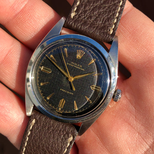 1953 Rolex Oyster Perpetual Precison 6298 Black Honeycomb Dial Automatic Wristwatch - HASHTAGWATCHCO