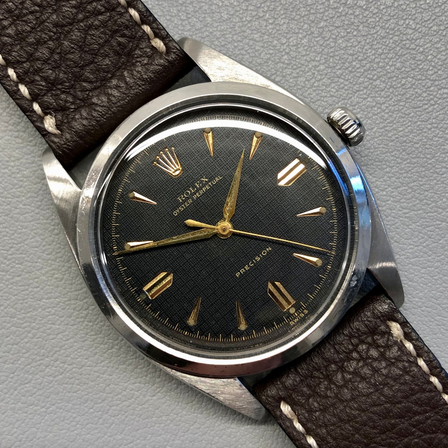 1953 Rolex Oyster Perpetual Precison 6298 Black Honeycomb Dial Automatic Wristwatch - HASHTAGWATCHCO