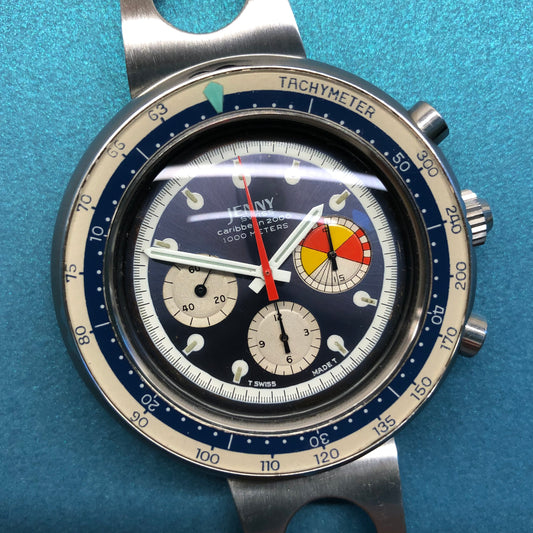 Jenny Swiss Caribbean 2000 Vintage Diver Chronograph Valjoux 72 Tropical Wristwatch - Hashtag Watch Company