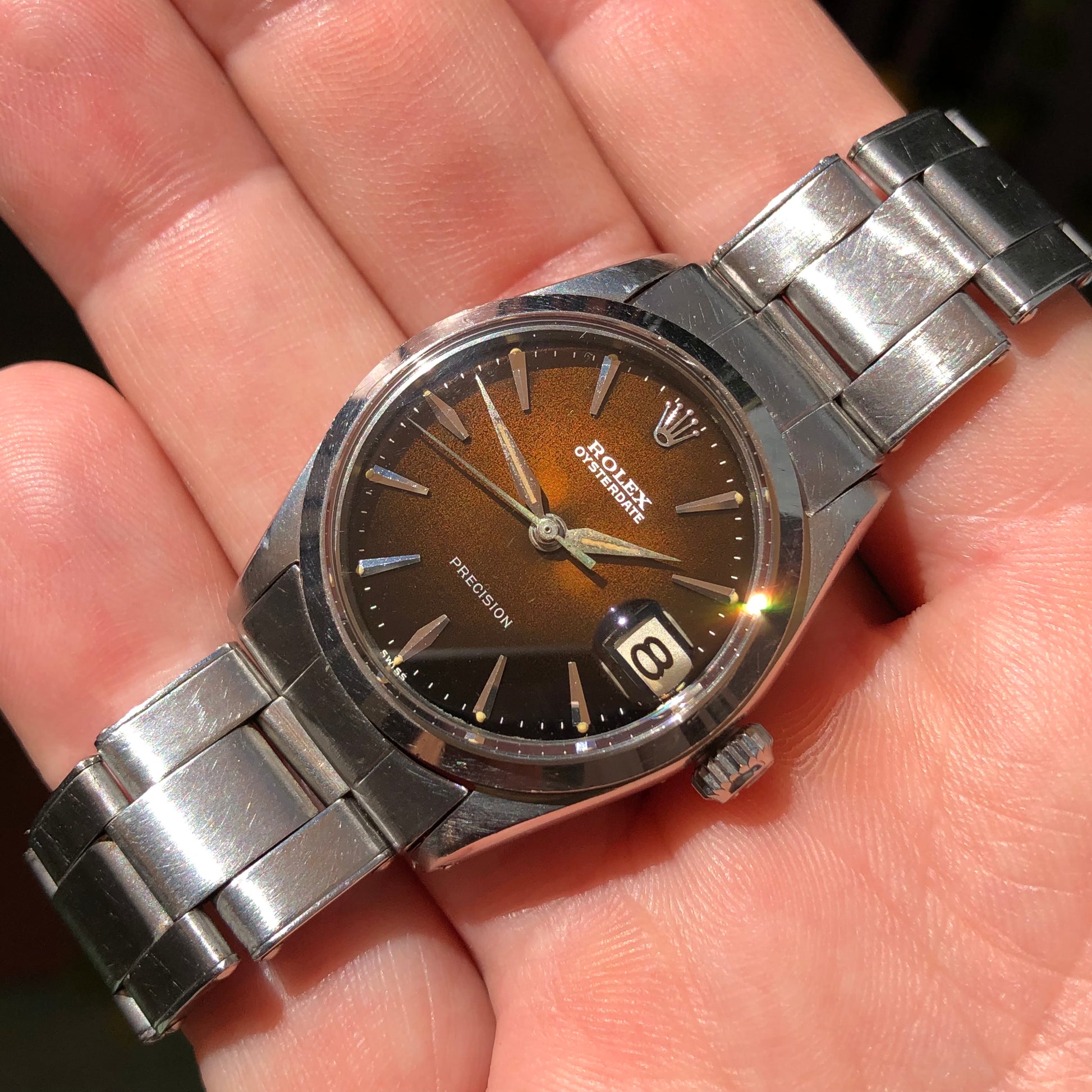 1963 Rolex Oysterdate Precision 6466 Tropical Gilt Dial Stainless Steel Wristwatch - HASHTAGWATCHCO