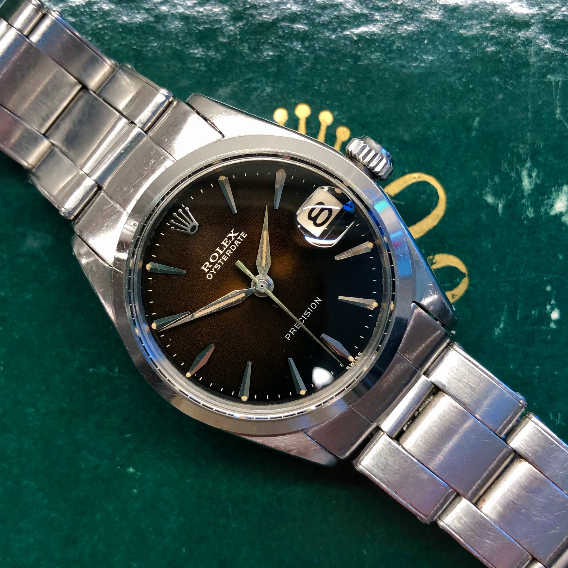 1963 Rolex Oysterdate Precision 6466 Tropical Gilt Dial Stainless Steel Wristwatch - HASHTAGWATCHCO