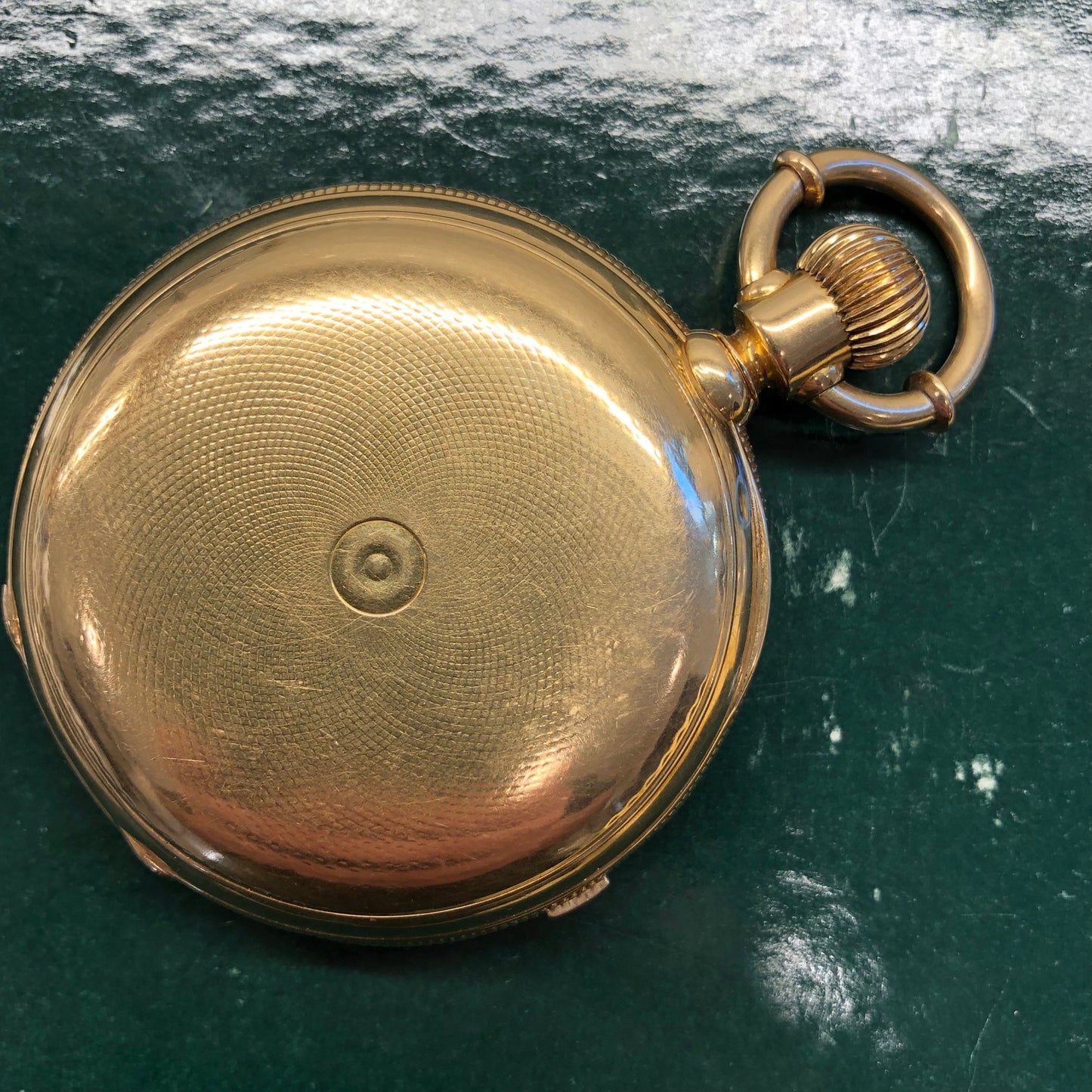 1918 James Kahn Geneva 18K Yellow Gold Chronograph White Porcelain Hunter Case Pocket Watch - HASHTAGWATCHCO