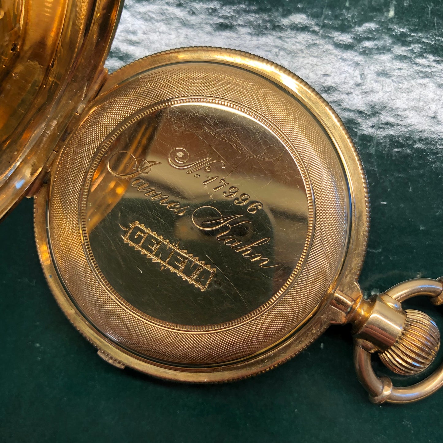 1918 James Kahn Geneva 18K Yellow Gold Chronograph White Porcelain Hunter Case Pocket Watch - HASHTAGWATCHCO