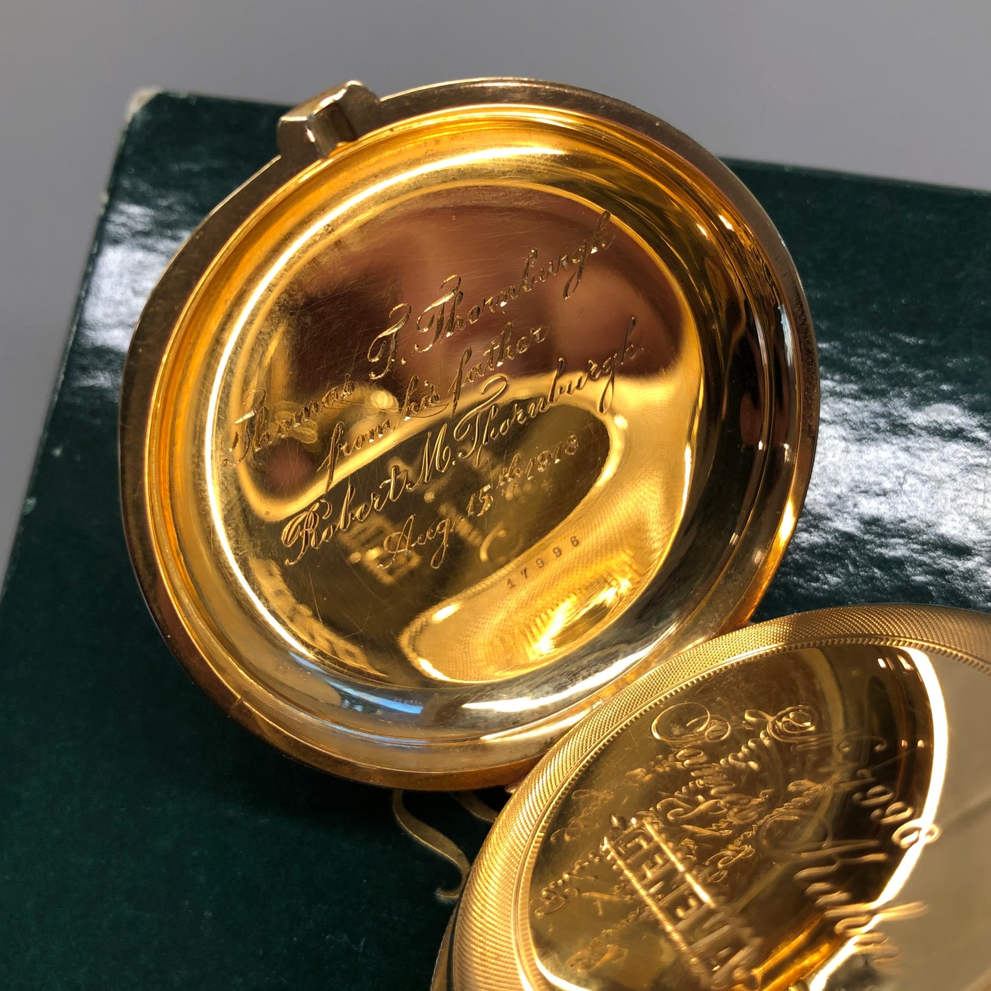 1918 James Kahn Geneva 18K Yellow Gold Chronograph White Porcelain Hunter Case Pocket Watch - HASHTAGWATCHCO