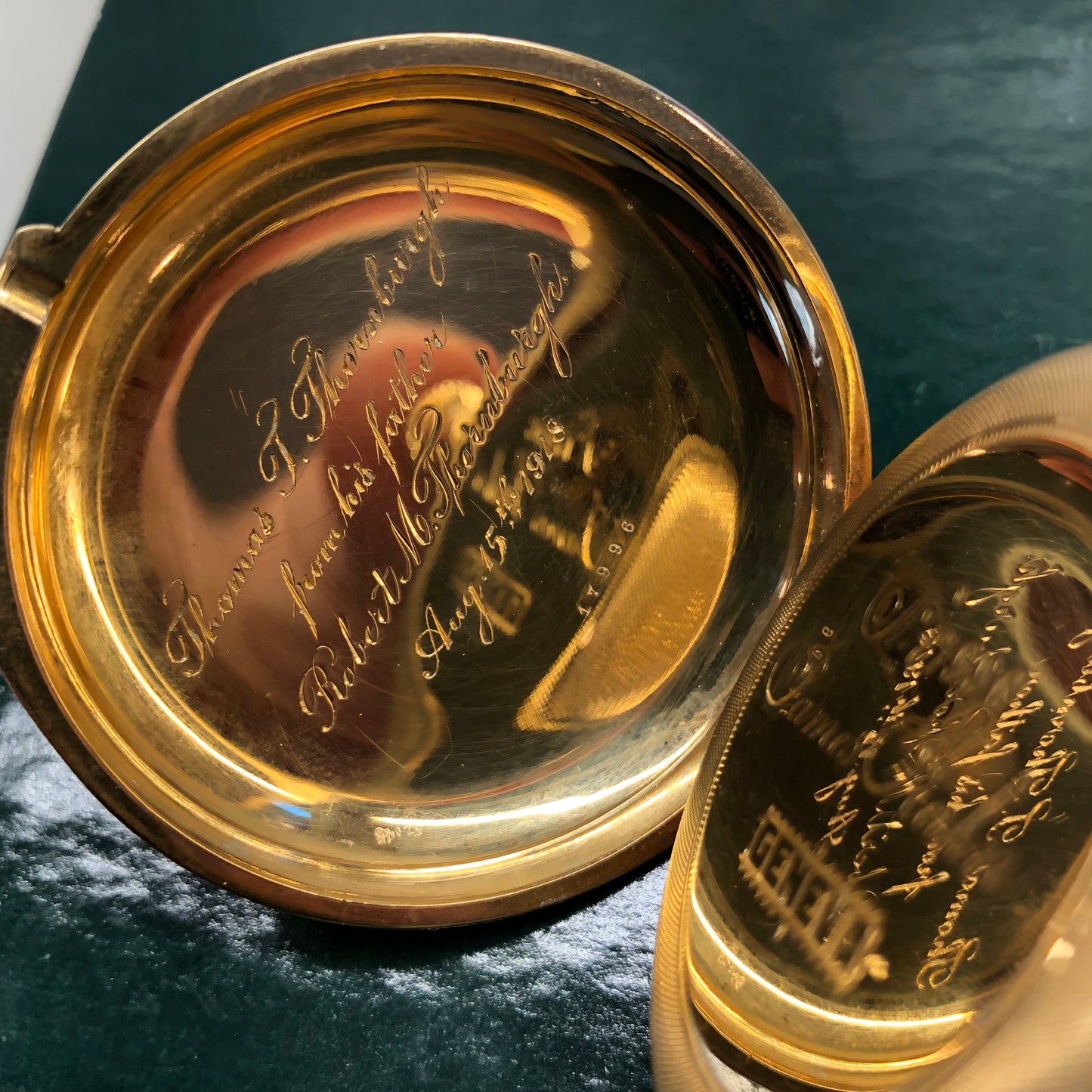 1918 James Kahn Geneva 18K Yellow Gold Chronograph White Porcelain Hunter Case Pocket Watch - HASHTAGWATCHCO