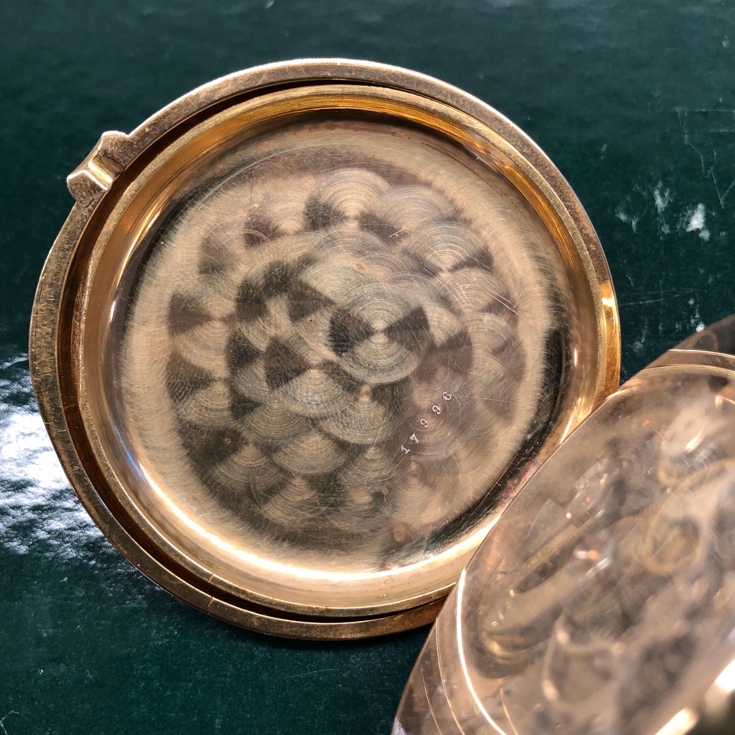 1918 James Kahn Geneva 18K Yellow Gold Chronograph White Porcelain Hunter Case Pocket Watch - HASHTAGWATCHCO