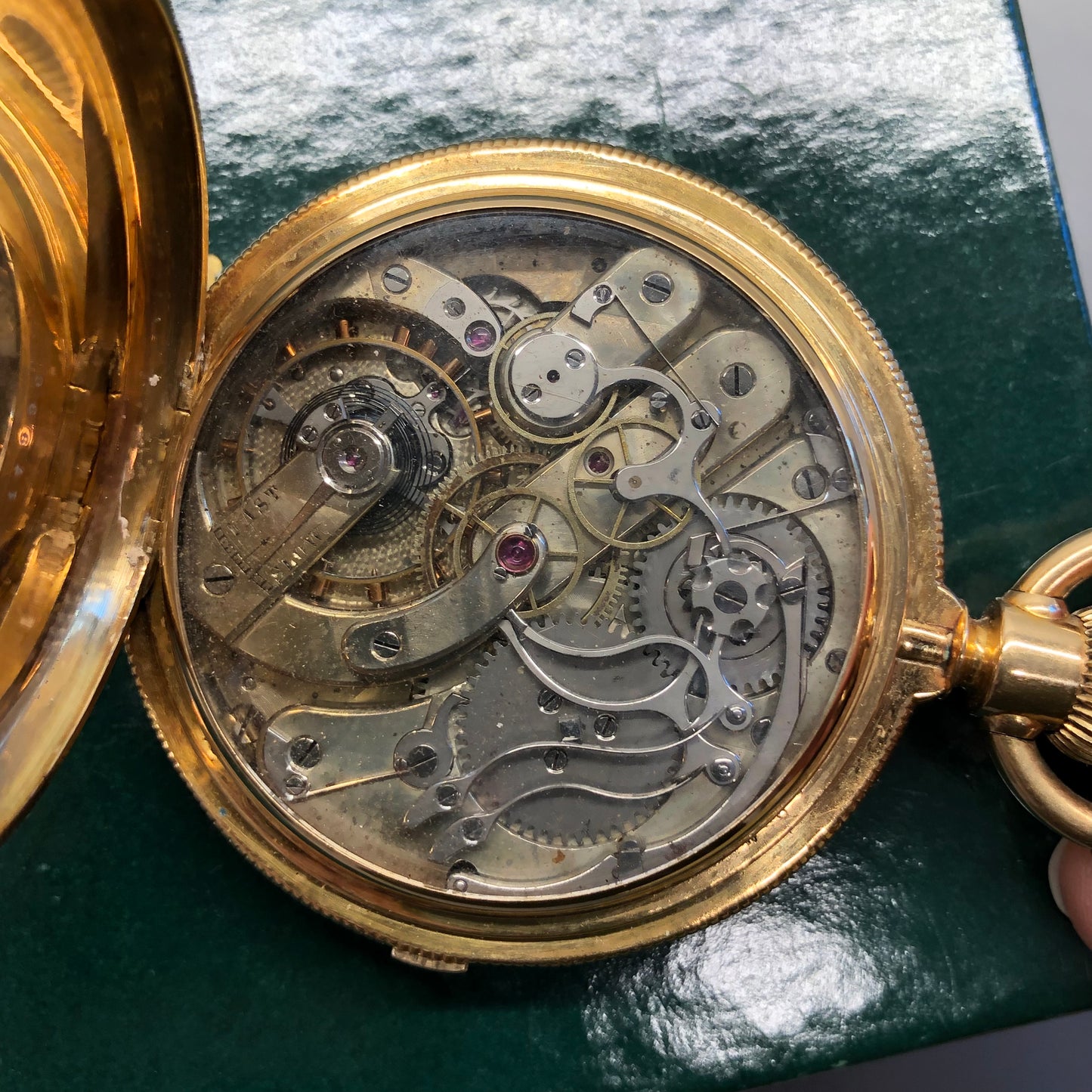 1918 James Kahn Geneva 18K Yellow Gold Chronograph White Porcelain Hunter Case Pocket Watch - HASHTAGWATCHCO