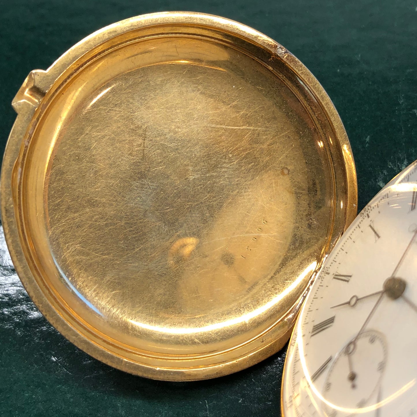 1918 James Kahn Geneva 18K Yellow Gold Chronograph White Porcelain Hunter Case Pocket Watch - HASHTAGWATCHCO