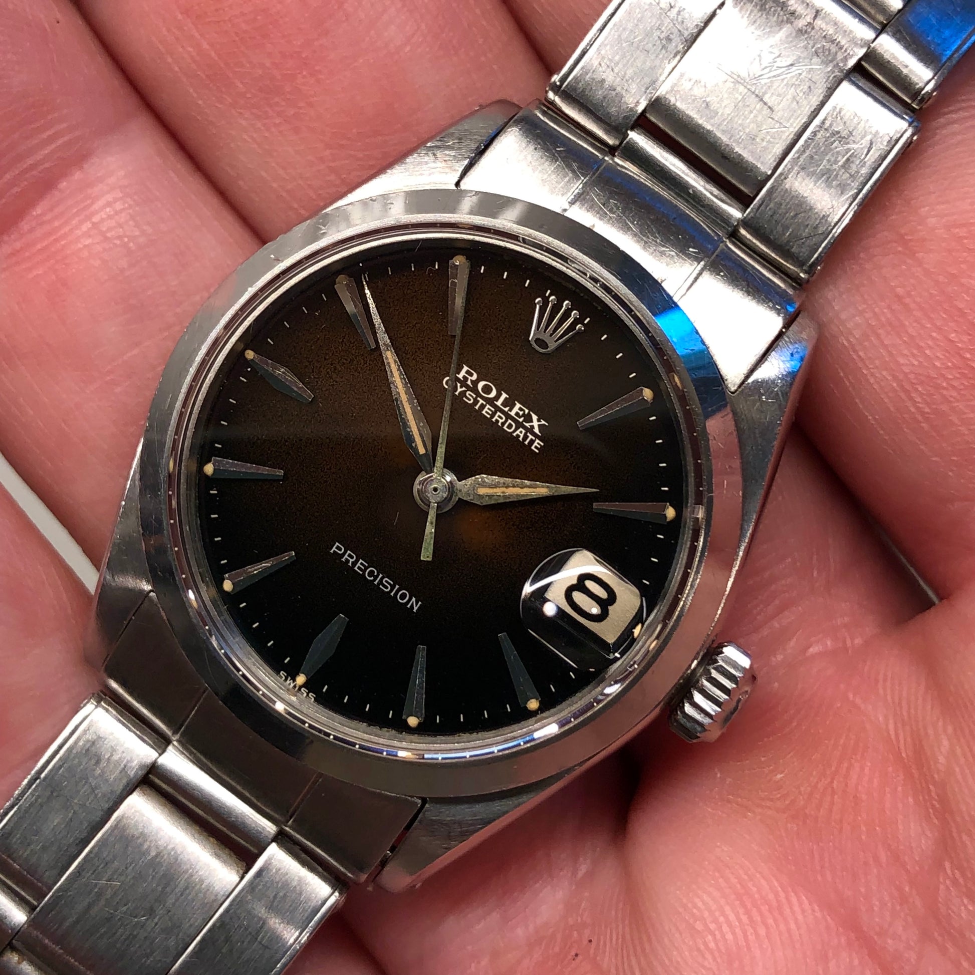 1963 Rolex Oysterdate Precision 6466 Tropical Gilt Dial Stainless Steel Wristwatch - HASHTAGWATCHCO