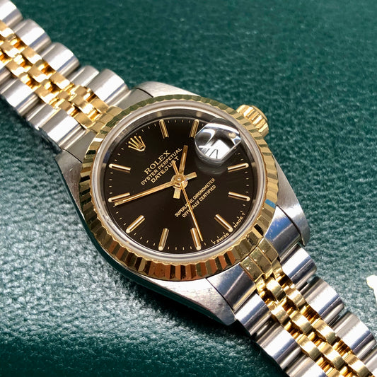 1990 Rolex Datejust 69173 Black Dial Two Tone Jubilee Wristwatch with Box and Papers - HASHTAGWATCHCO