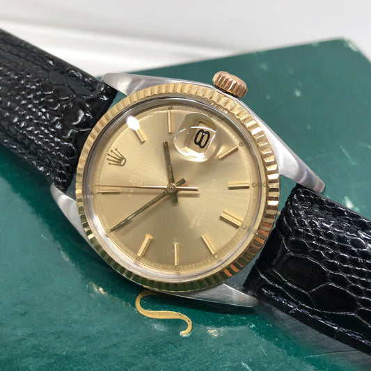 1973 Rolex Datejust 1601 Ghost Champagne Yellow Gold Fluted Bezel Wristwatch