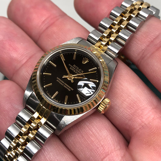 1990 Rolex Datejust 69173 Black Dial Two Tone Jubilee Wristwatch with Box and Papers - HASHTAGWATCHCO