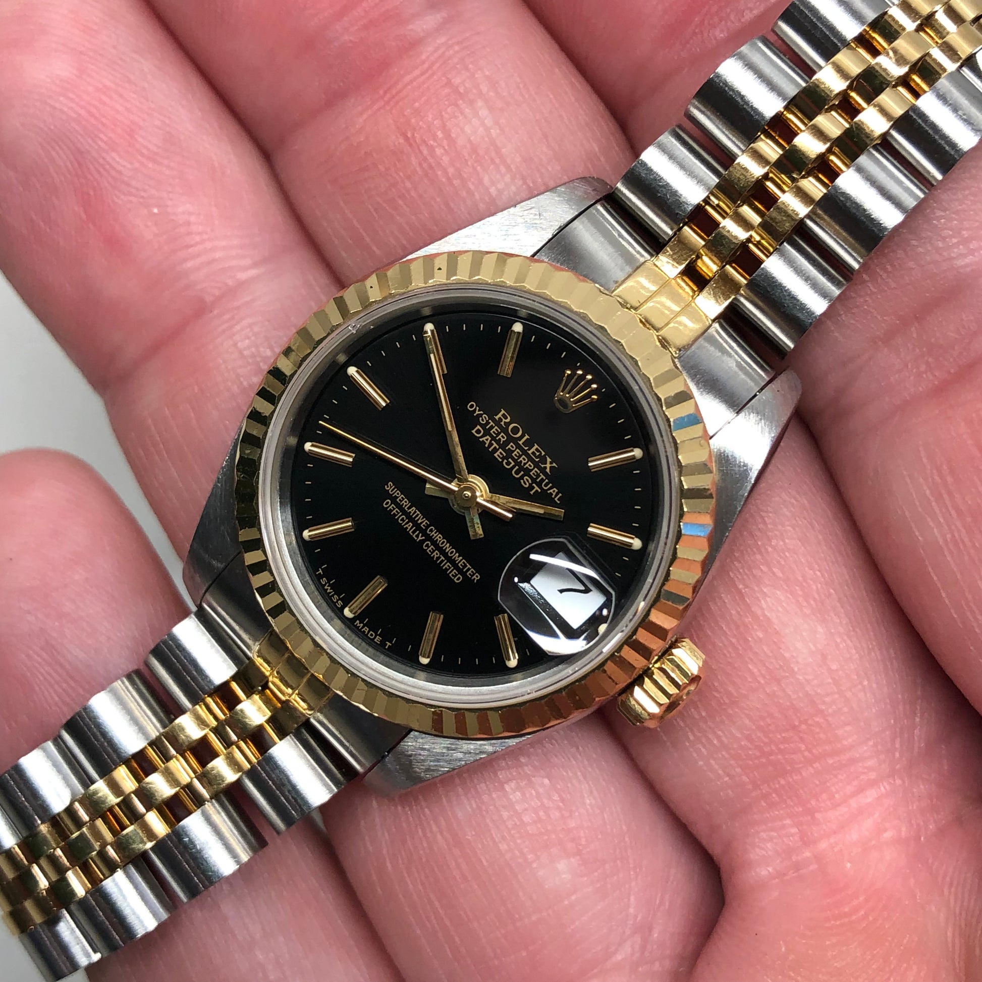 1990 Rolex Datejust 69173 Black Dial Two Tone Jubilee Wristwatch with Box and Papers - HASHTAGWATCHCO