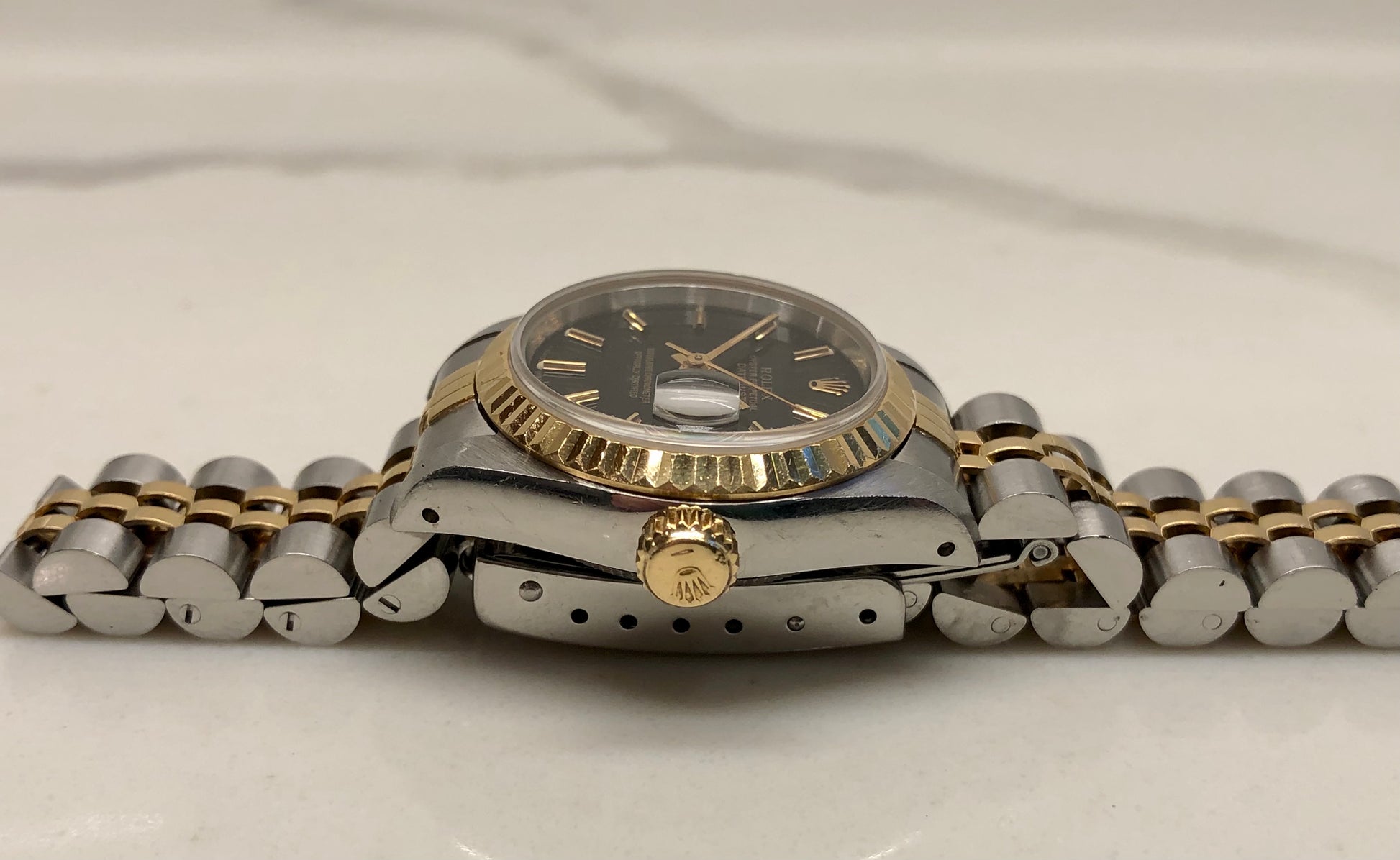 1990 Rolex Datejust 69173 Black Dial Two Tone Jubilee Wristwatch with Box and Papers - HASHTAGWATCHCO