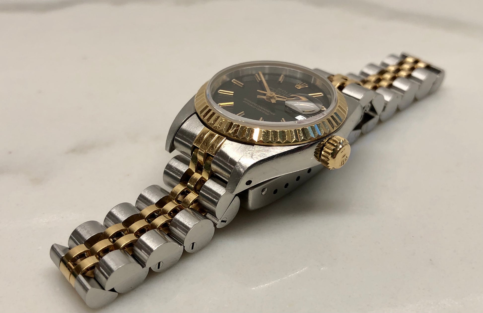 1990 Rolex Datejust 69173 Black Dial Two Tone Jubilee Wristwatch with Box and Papers - HASHTAGWATCHCO