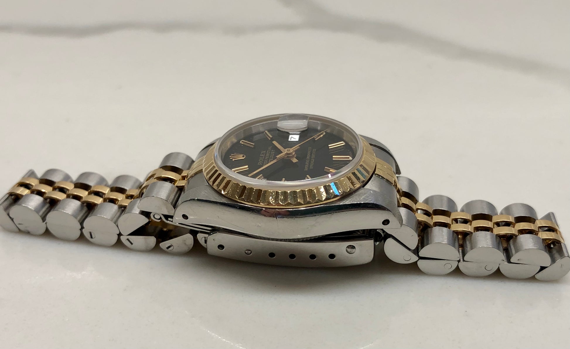 1990 Rolex Datejust 69173 Black Dial Two Tone Jubilee Wristwatch with Box and Papers - HASHTAGWATCHCO