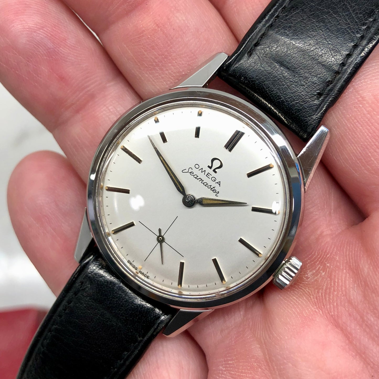 1950s Omega Seamaster Stainless Steel Dress Watch Manual 35mm Wristwatch - HASHTAGWATCHCO
