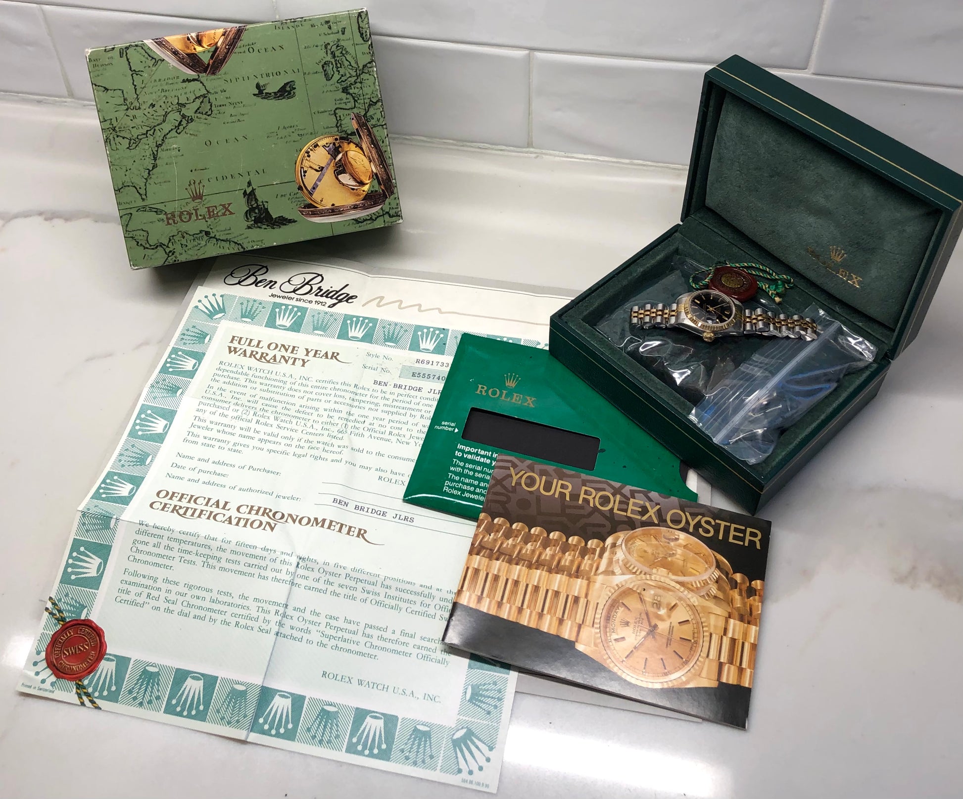 1990 Rolex Datejust 69173 Black Dial Two Tone Jubilee Wristwatch with Box and Papers - HASHTAGWATCHCO