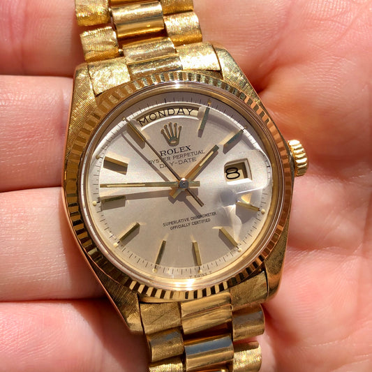 1978 Rolex President 1803 Day Date Yellow Gold Silver Dial Florentine Automatic Wristwatch with Papers - HASHTAGWATCHCO