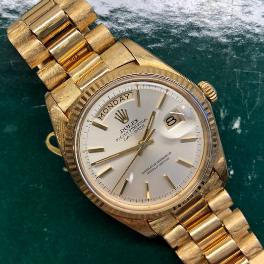1978 Rolex President 1803 Day Date Yellow Gold Silver Dial Florentine Automatic Wristwatch with Papers - HASHTAGWATCHCO