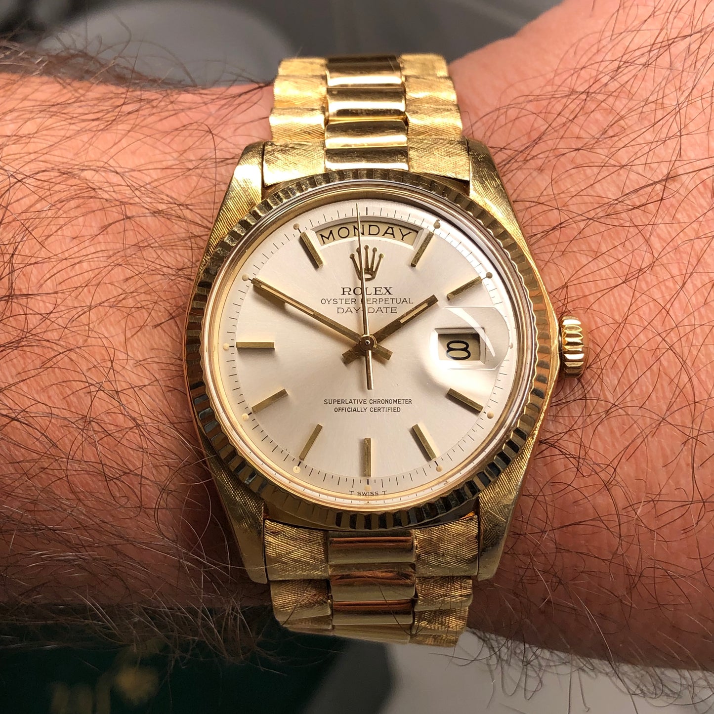 1978 Rolex President 1803 Day Date Yellow Gold Silver Dial Florentine Automatic Wristwatch with Papers - HASHTAGWATCHCO