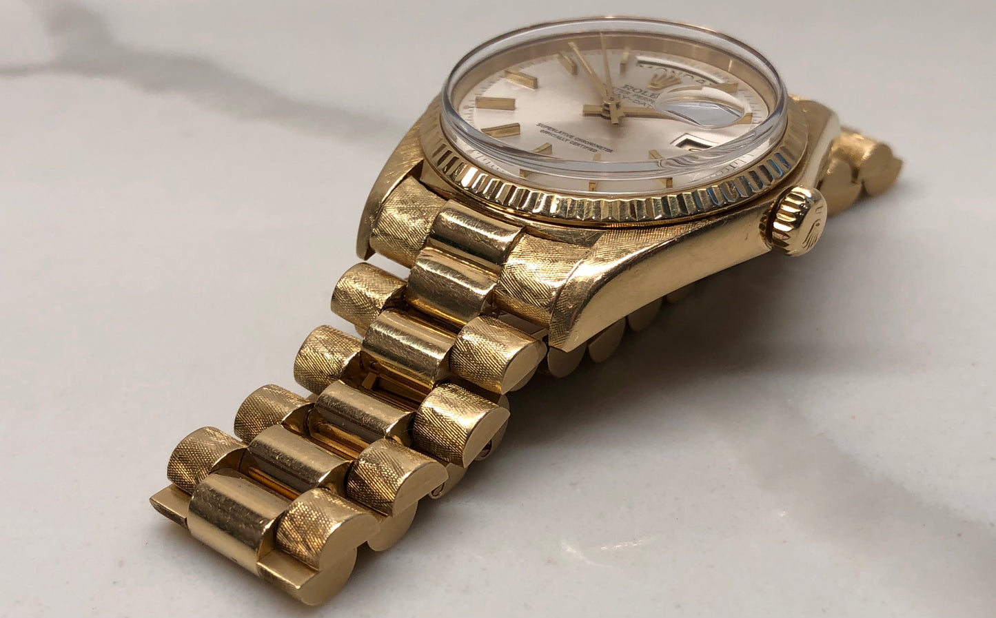 1978 Rolex President 1803 Day Date Yellow Gold Silver Dial Florentine Automatic Wristwatch with Papers - HASHTAGWATCHCO