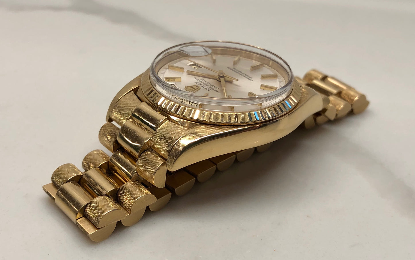 1978 Rolex President 1803 Day Date Yellow Gold Silver Dial Florentine Automatic Wristwatch with Papers - HASHTAGWATCHCO
