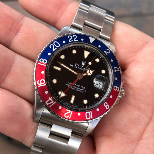 1985 Rolex GMT MASTER 16750 Pepsi Steel Automatic Wristwatch with Box and Papers - HASHTAGWATCHCO