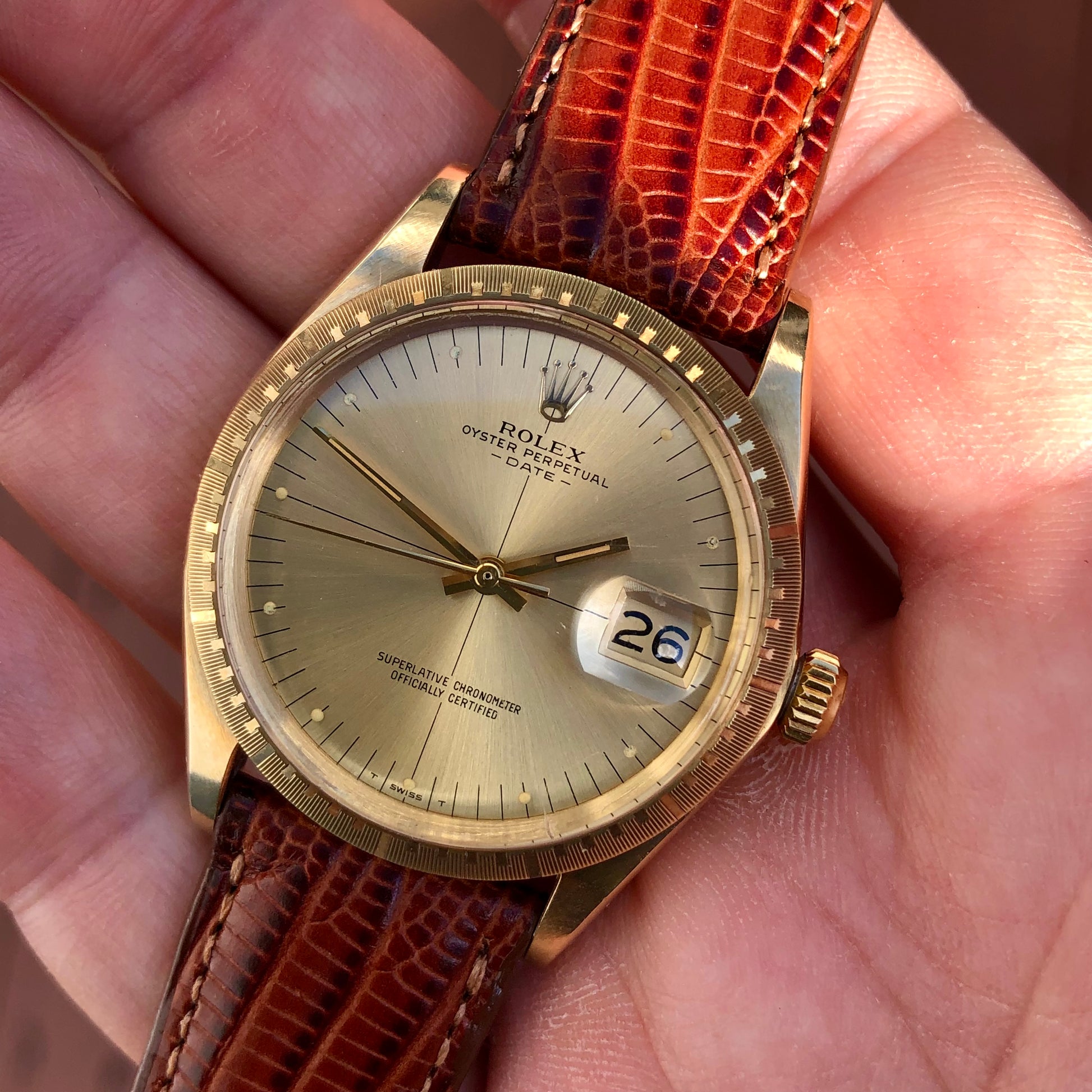 1973 Rolex Date 1512 Zephyr Oyster Perpetual Crosshair 14K Yellow Gold Wristwatch Unpolished - HASHTAGWATCHCO
