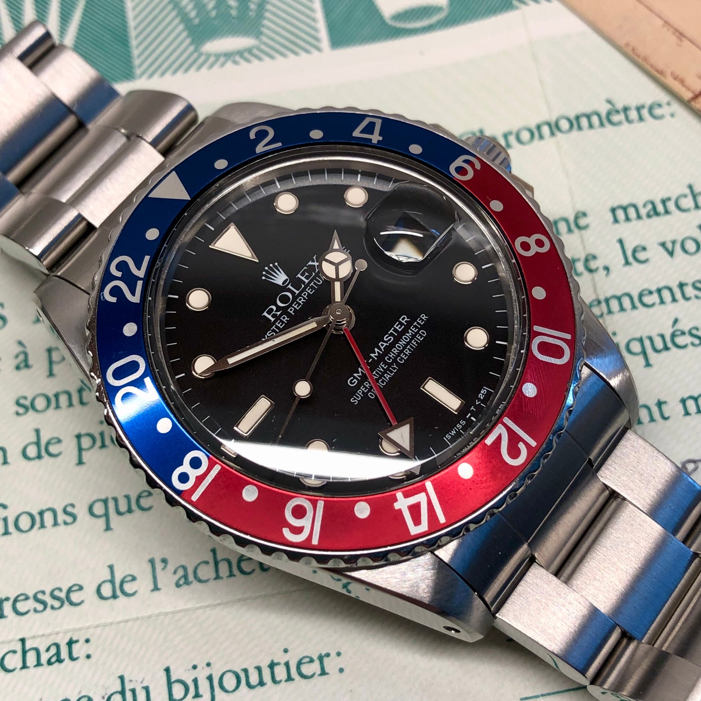1985 Rolex GMT MASTER 16750 Pepsi Steel Automatic Wristwatch with Box and Papers - HASHTAGWATCHCO