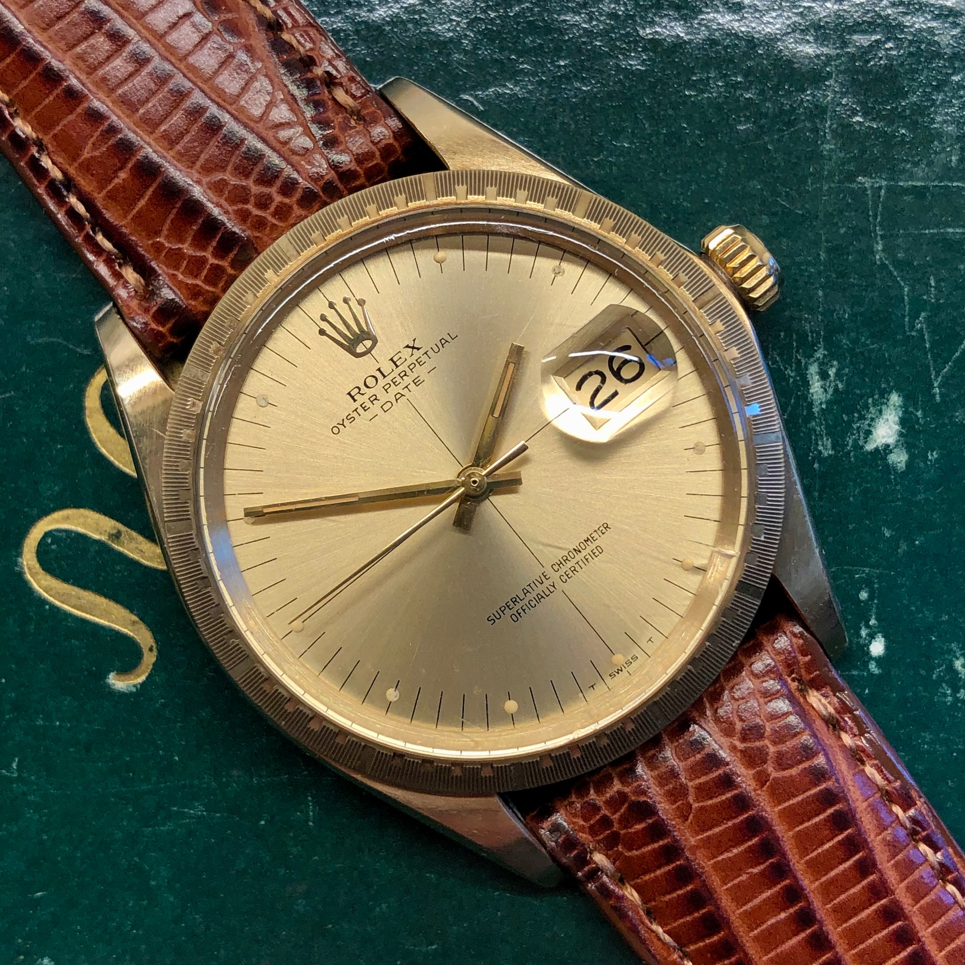1973 Rolex Date 1512 Zephyr Oyster Perpetual Crosshair 14K Yellow Gold Wristwatch Unpolished - HASHTAGWATCHCO