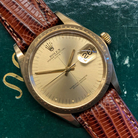 1973 Rolex Date 1512 Zephyr Oyster Perpetual Crosshair 14K Yellow Gold Wristwatch Unpolished - HASHTAGWATCHCO
