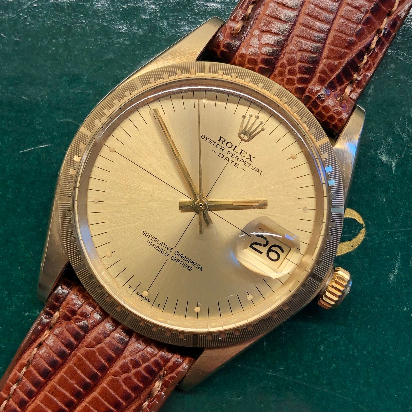 1973 Rolex Date 1512 Zephyr Oyster Perpetual Crosshair 14K Yellow Gold Wristwatch Unpolished - HASHTAGWATCHCO