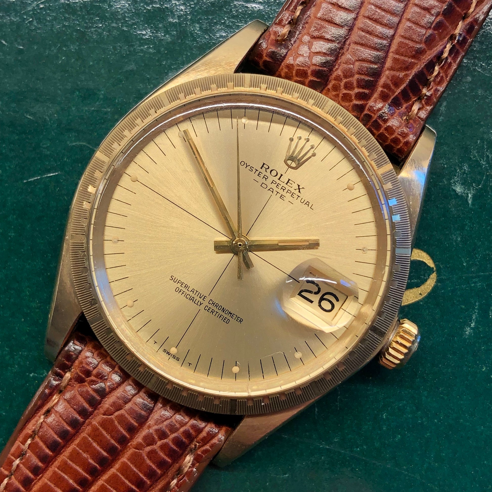 1973 Rolex Date 1512 Zephyr Oyster Perpetual Crosshair 14K Yellow Gold Wristwatch Unpolished - HASHTAGWATCHCO